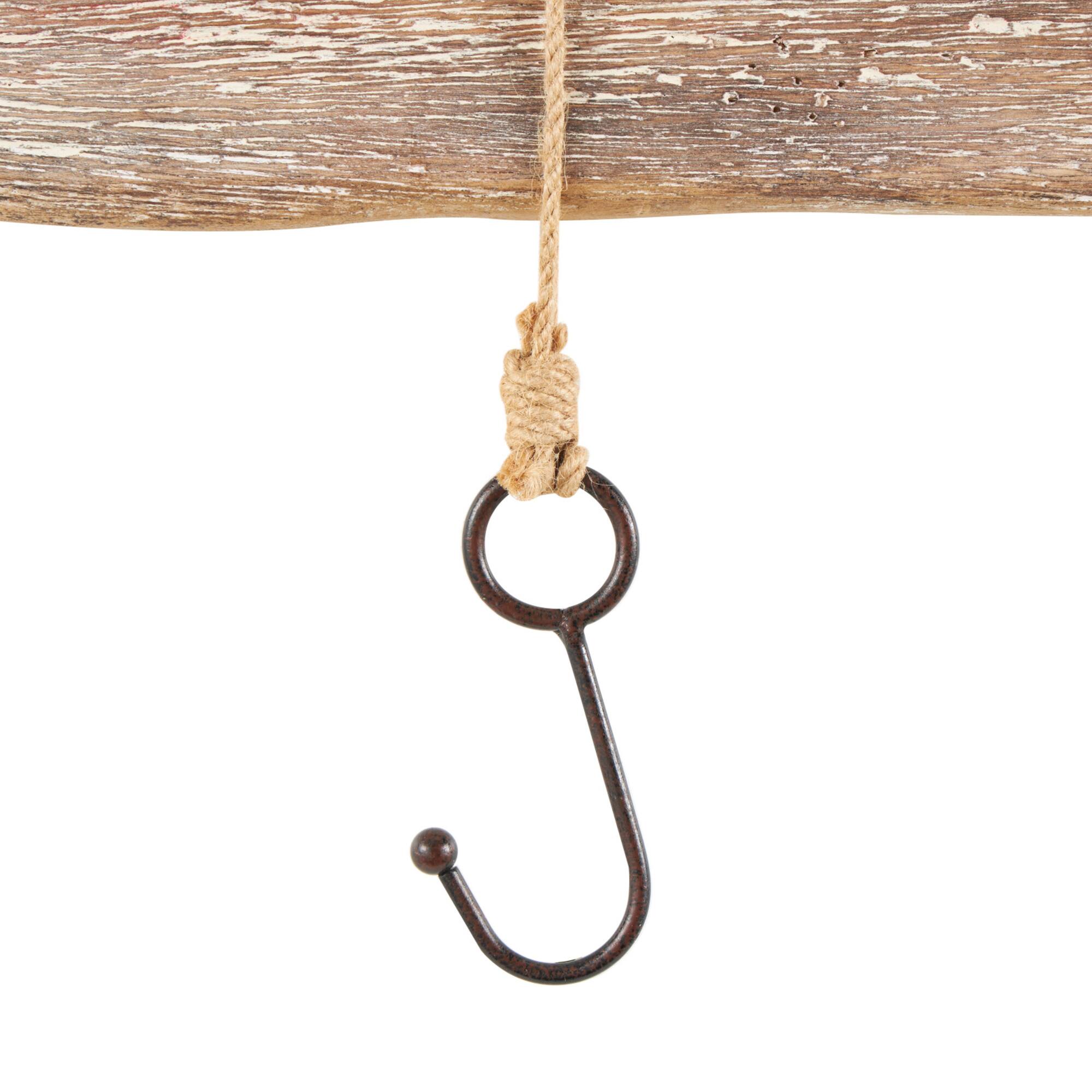 Handmade Whitewashed Brown Wood Live Edge Wall Hook with 5 Fish-Shaped Hangers